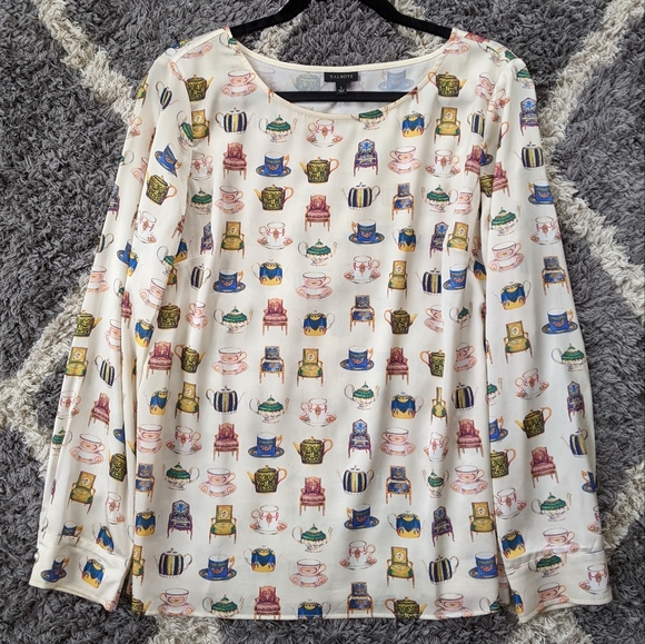Talbot's Vintage Tea Cup Print Long Sleeve Polyester Blouse Size Women's L - Picture 2 of 7